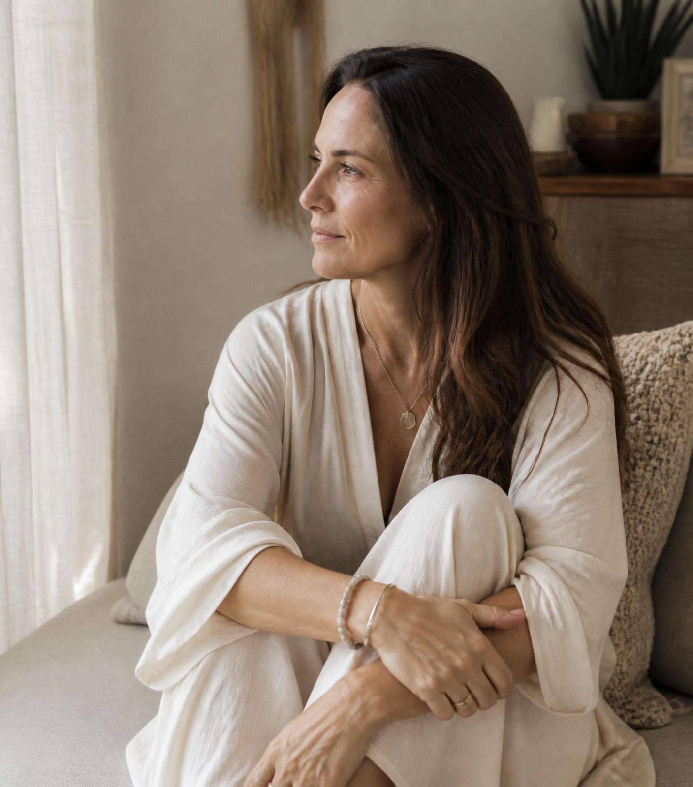 A woman sitting quietly by a sunlit window in soft ivory clothing