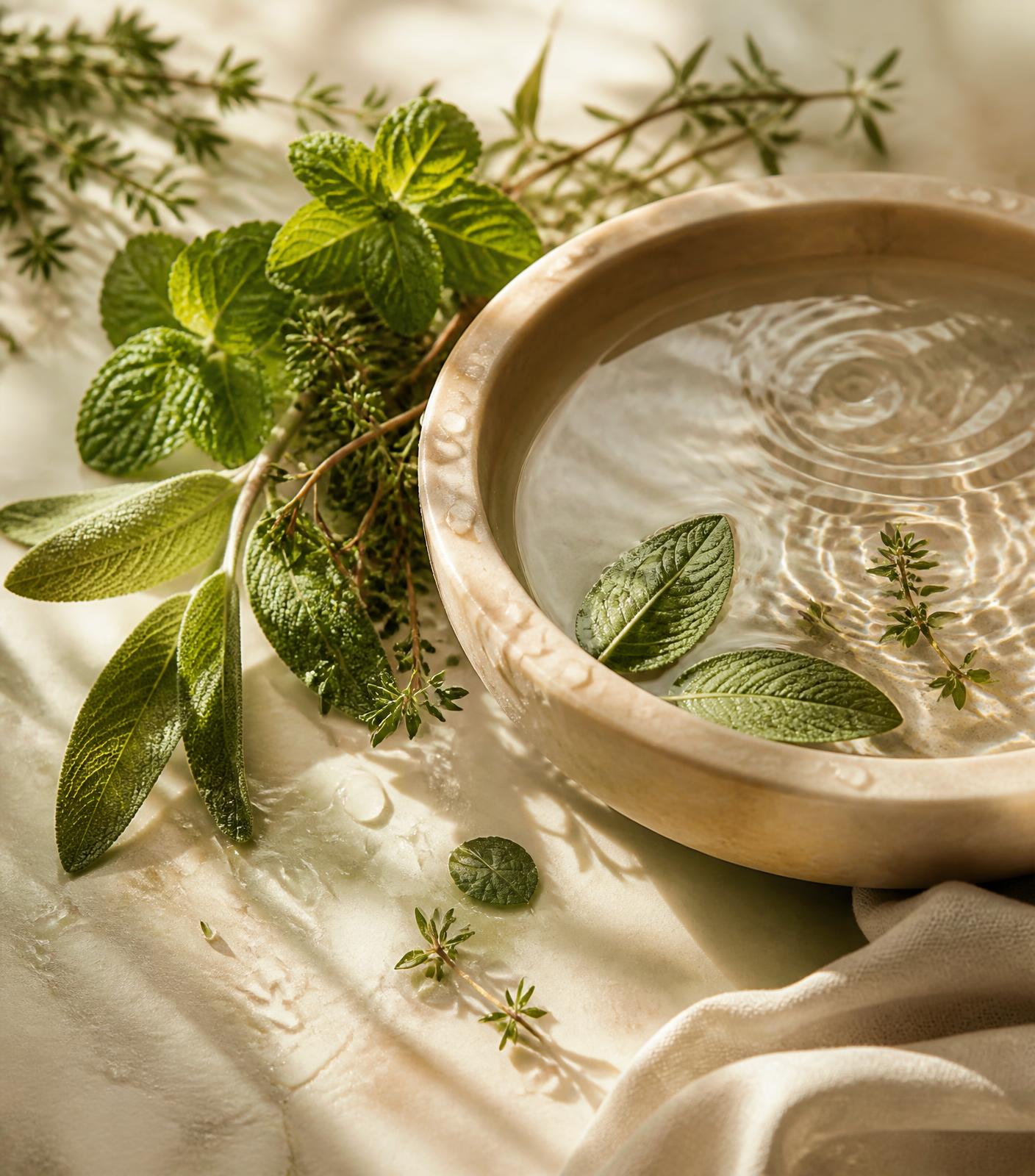Fresh sage and mint beside a stone bowl of rippling water in warm sunlight